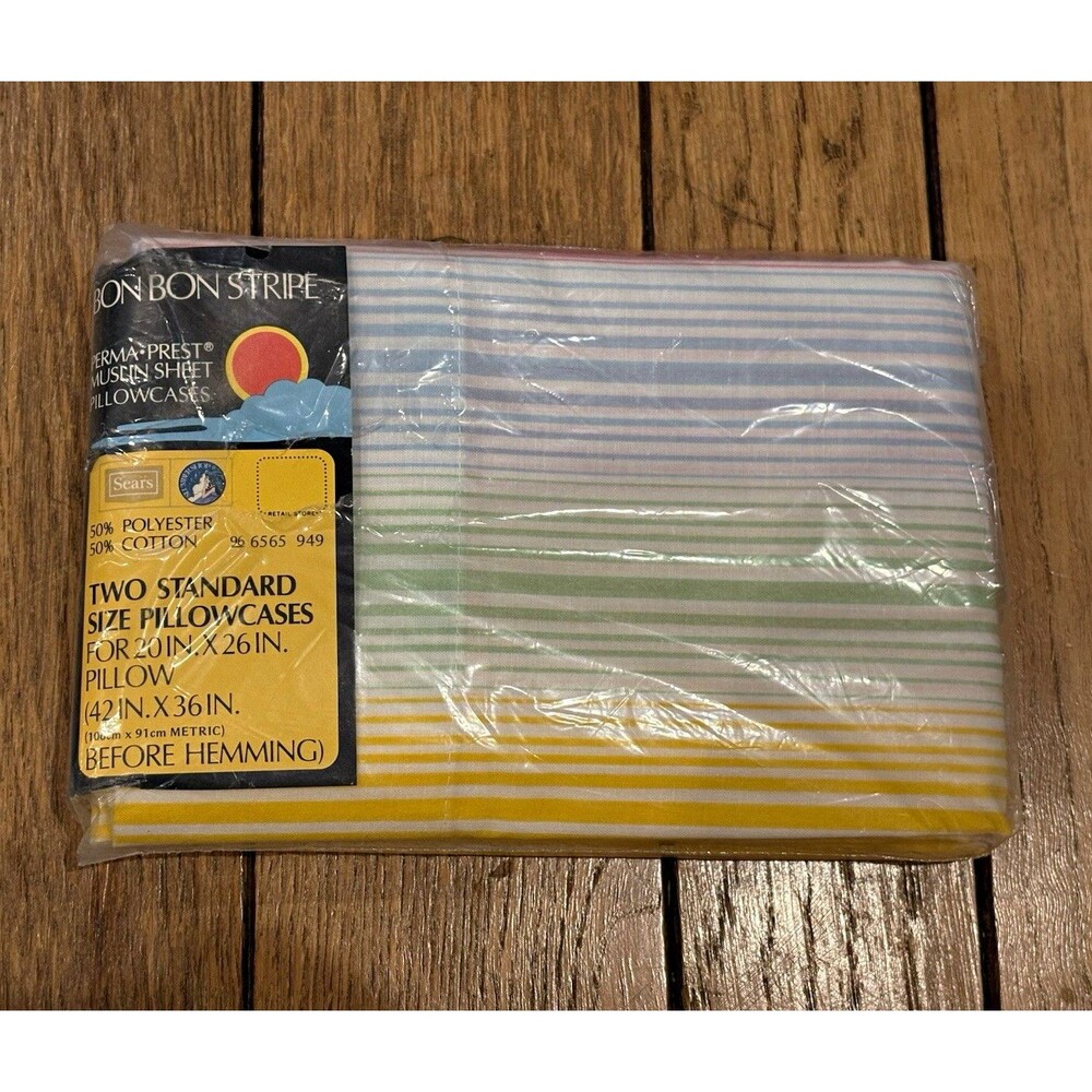 VTG Sears Bon Bon Stripe Perma-Prest Muslin Pillowcases multi rainbow stripe NEW